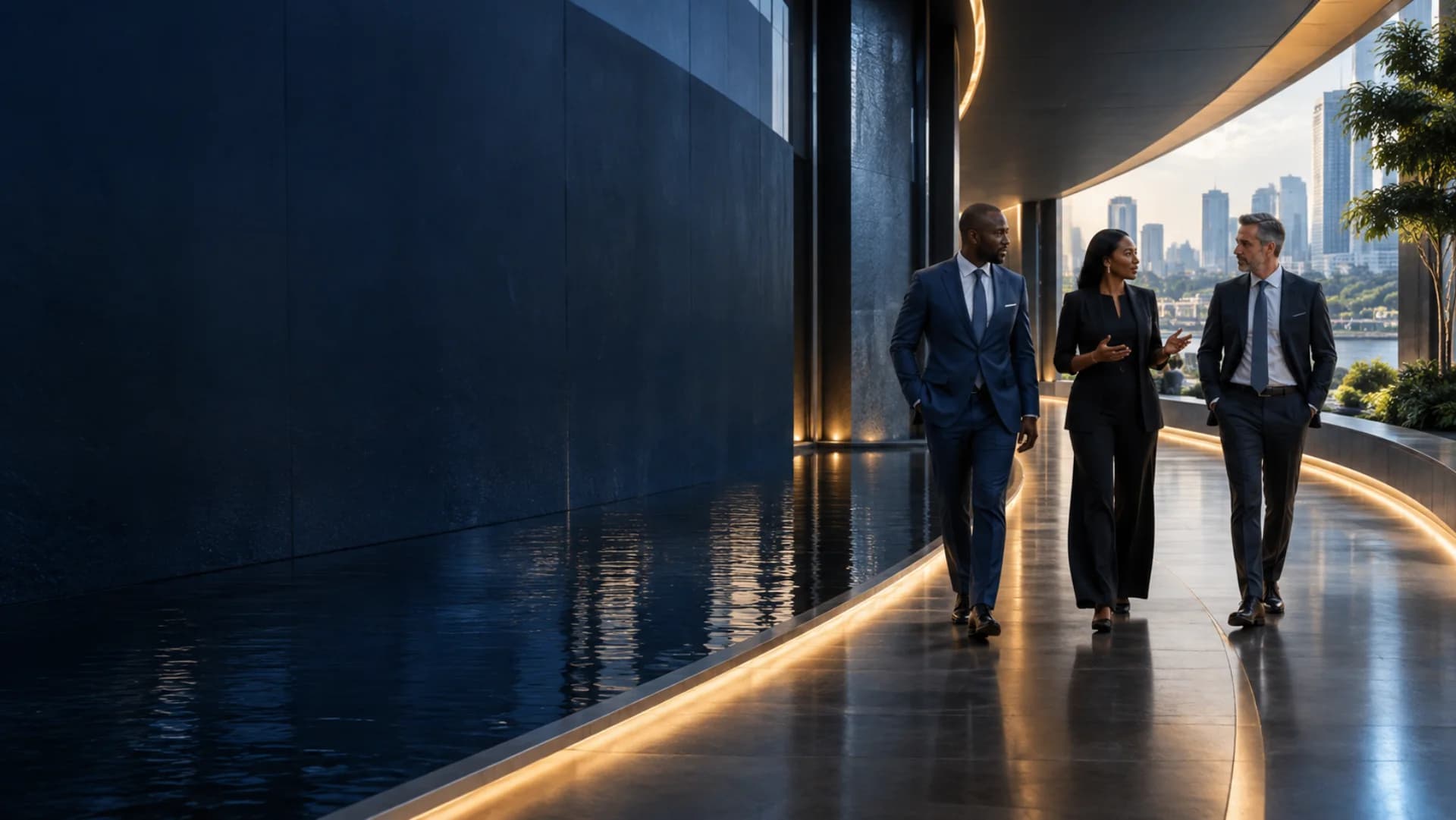 Business leaders walking together along a clear architectural path